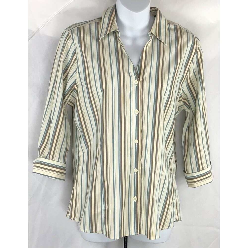 Eddie Bauer button up top M blue ivory striped 3/4 cuff sleeve collar career